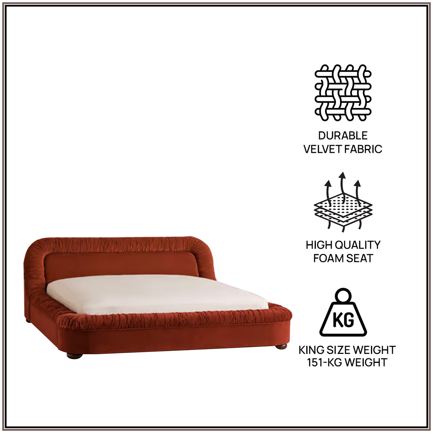 Casa Haven Relax King Size Bed in Rust Velvet with Engineered Hardwood Frame & Hydraulic Storage