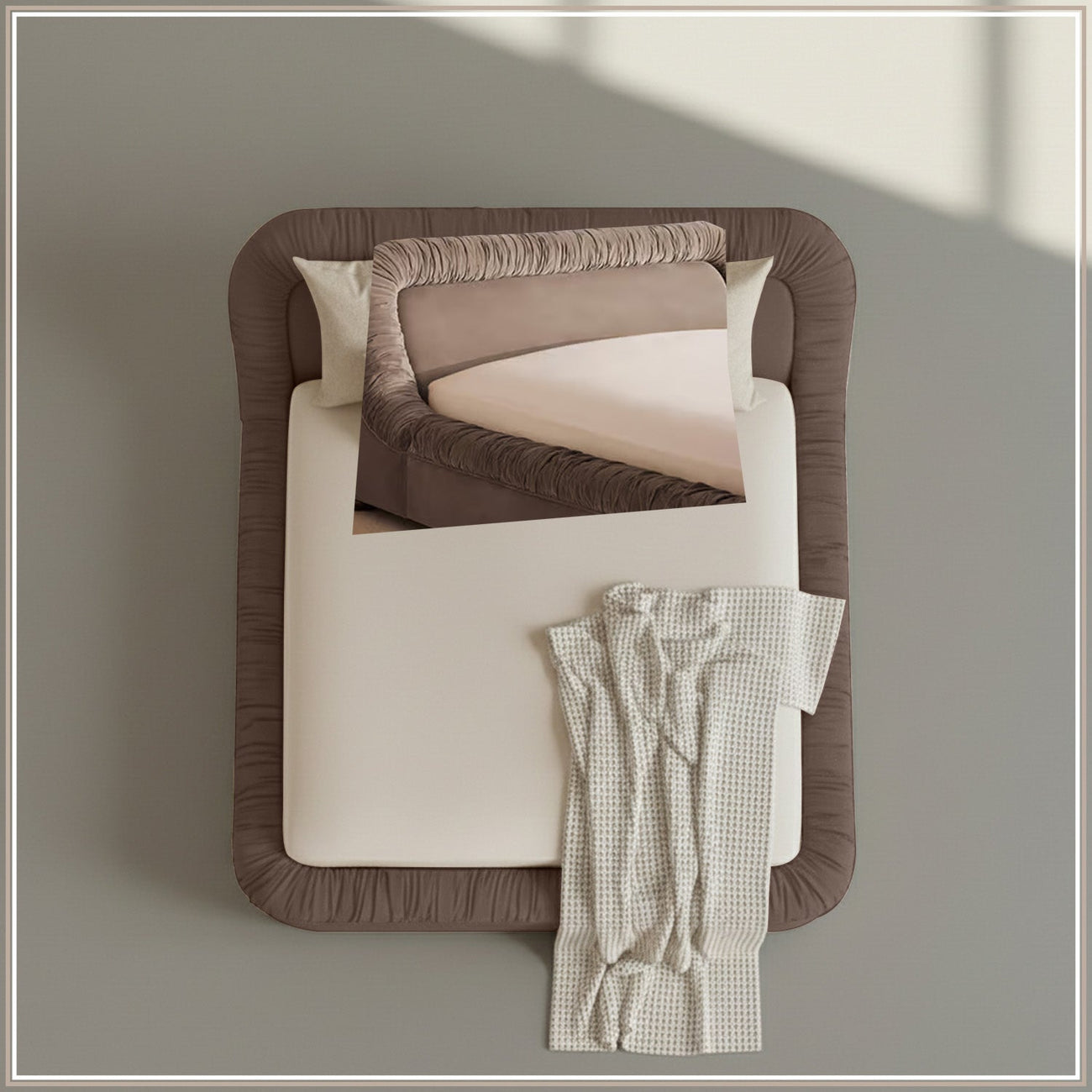 Casa Haven Relax Queen Size Bed in Taupe Velvet with Engineered Hardwood Frame & Hydraulic Storage