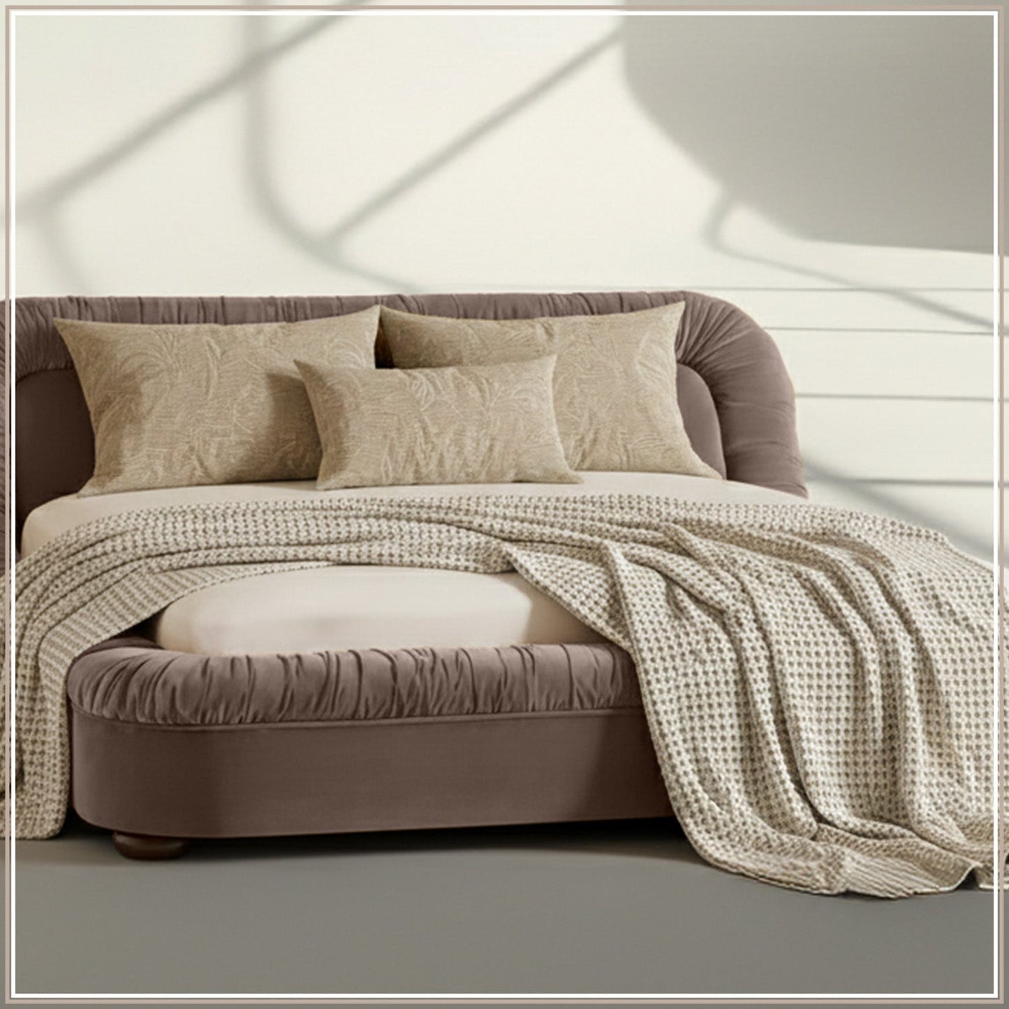 Casa Haven Relax Queen Size Bed in Taupe Velvet with Engineered Hardwood Frame & Hydraulic Storage