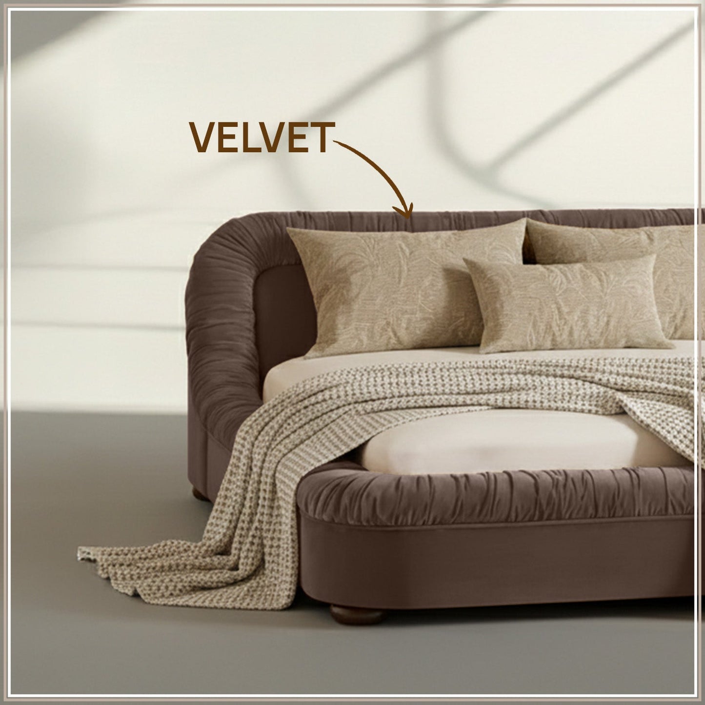 Casa Haven Relax Queen Size Bed in Taupe Velvet with Engineered Hardwood Frame & Hydraulic Storage