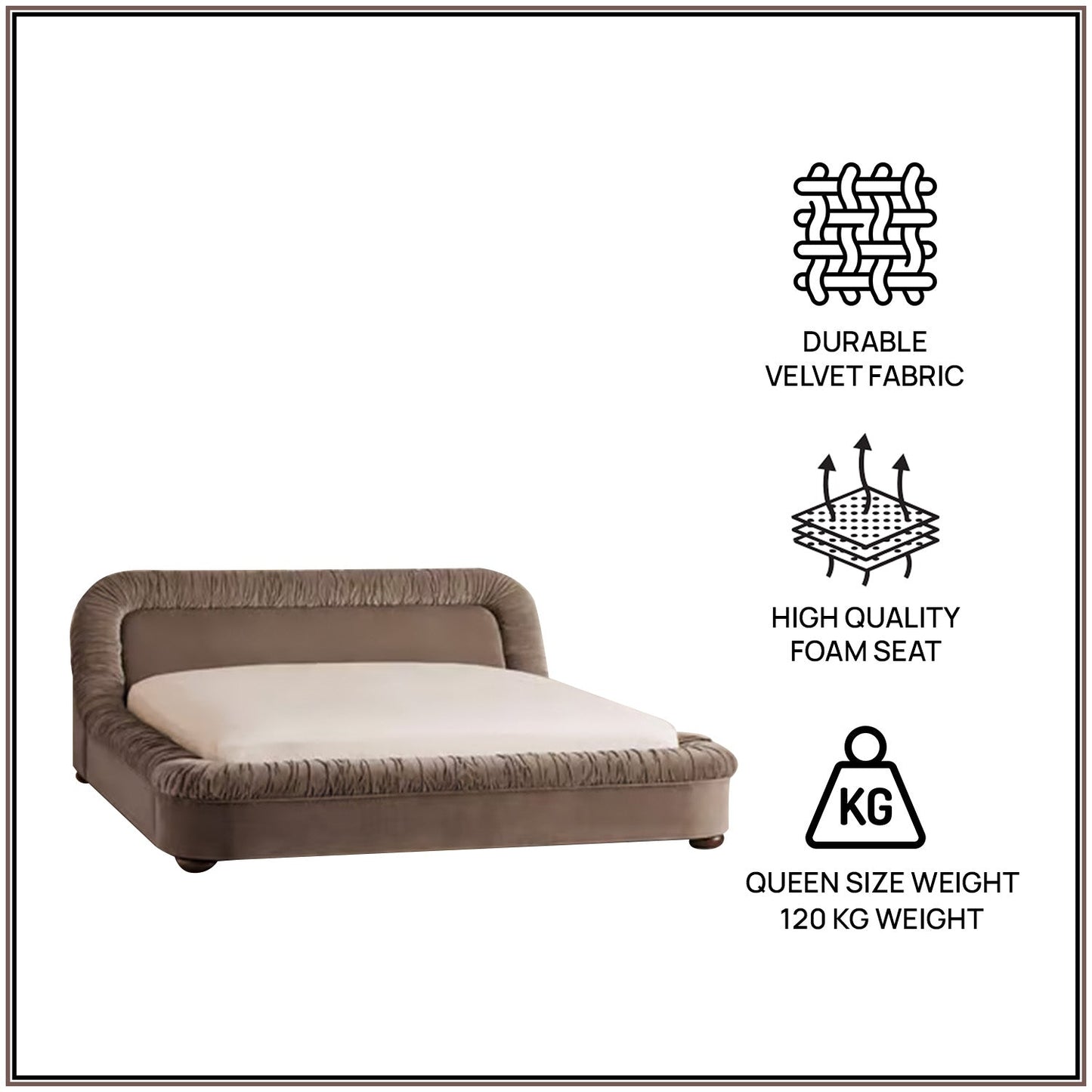 Casa Haven Relax Queen Size Bed in Taupe Velvet with Engineered Hardwood Frame & Hydraulic Storage