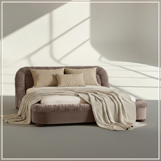 Casa Haven Relax Queen Size Bed in Taupe Velvet with Engineered Hardwood Frame & Hydraulic Storage