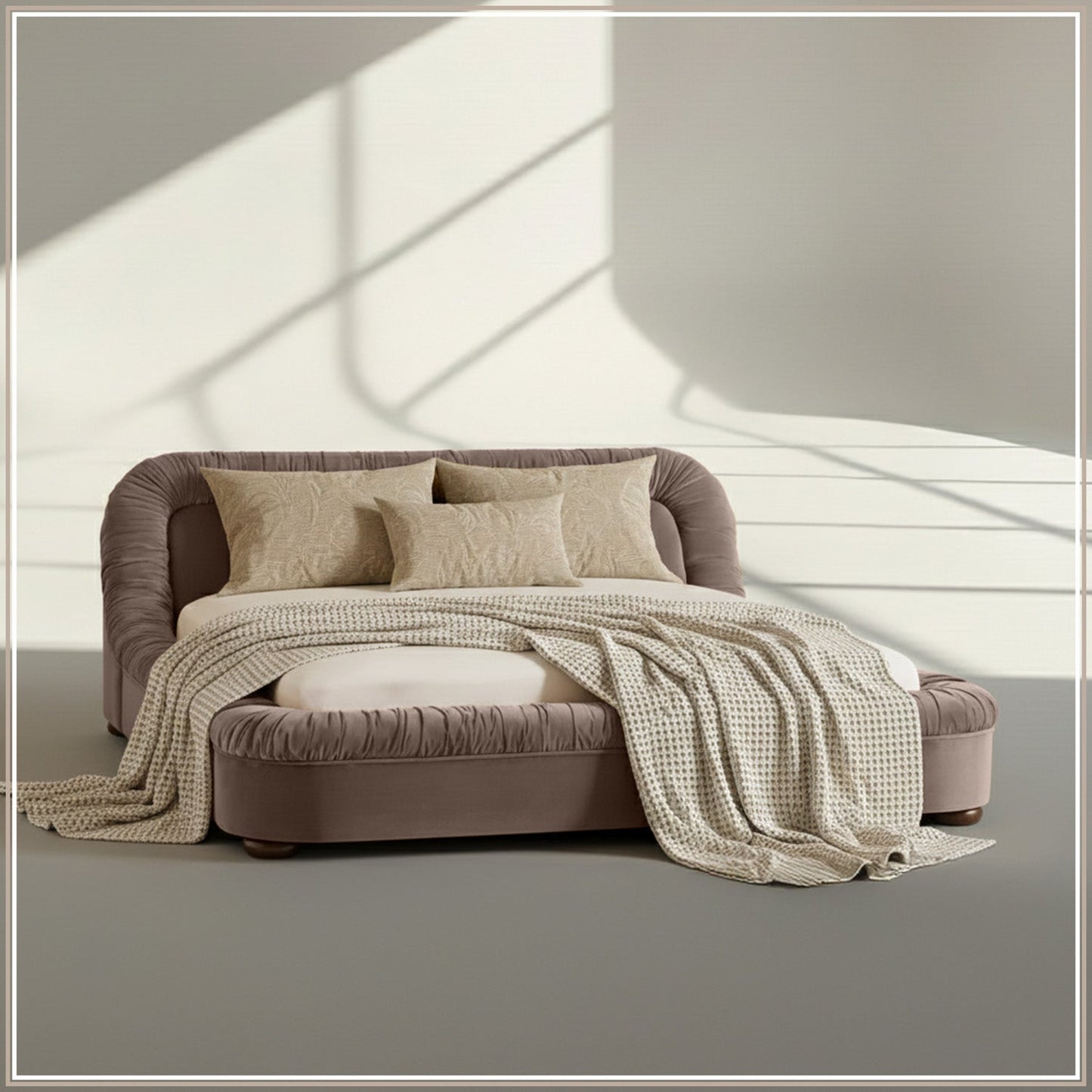 Casa Haven Relax Queen Size Bed in Taupe Velvet with Engineered Hardwood Frame & Hydraulic Storage