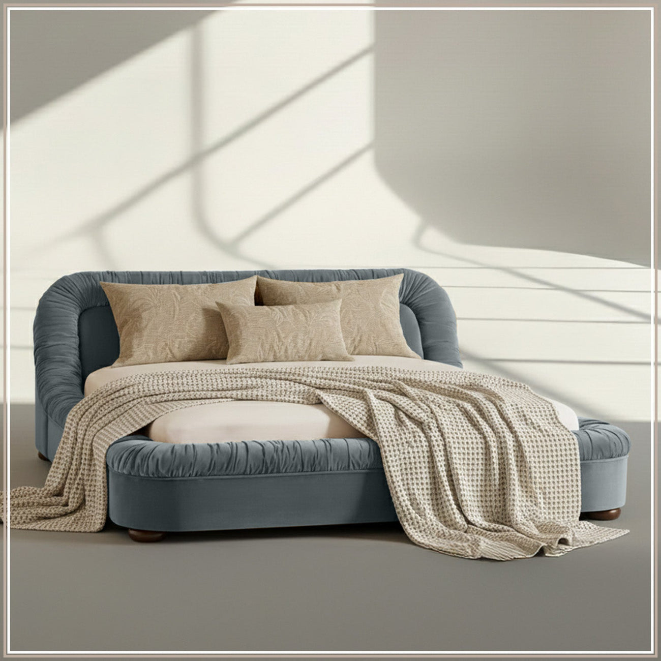 Casa Haven Relax Queen Size Bed in Grey Blue Velvet with Engineered Hardwood Frame & Hydraulic Storage