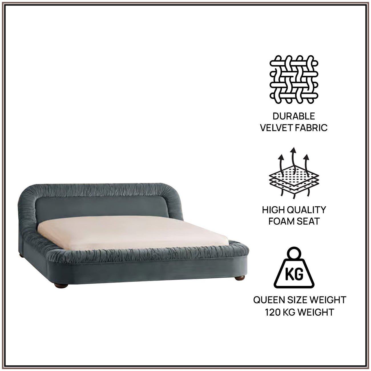 Casa Haven Relax Queen Size Bed in Grey Blue Velvet with Engineered Hardwood Frame & Hydraulic Storage