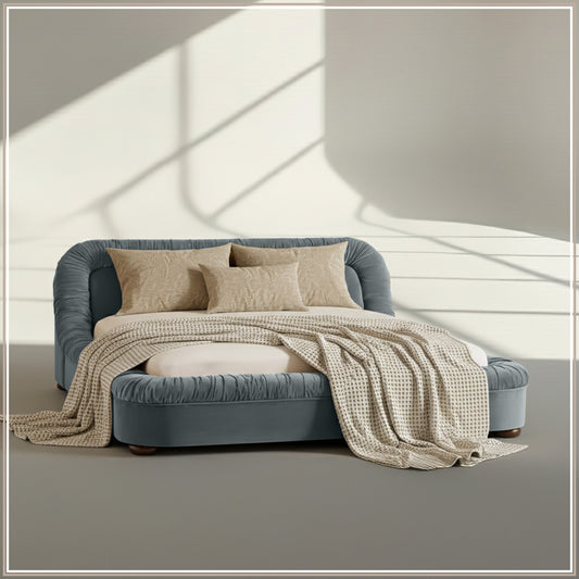 Casa Haven Relax Queen Size Bed in Grey Blue Velvet with Engineered Hardwood Frame & Hydraulic Storage