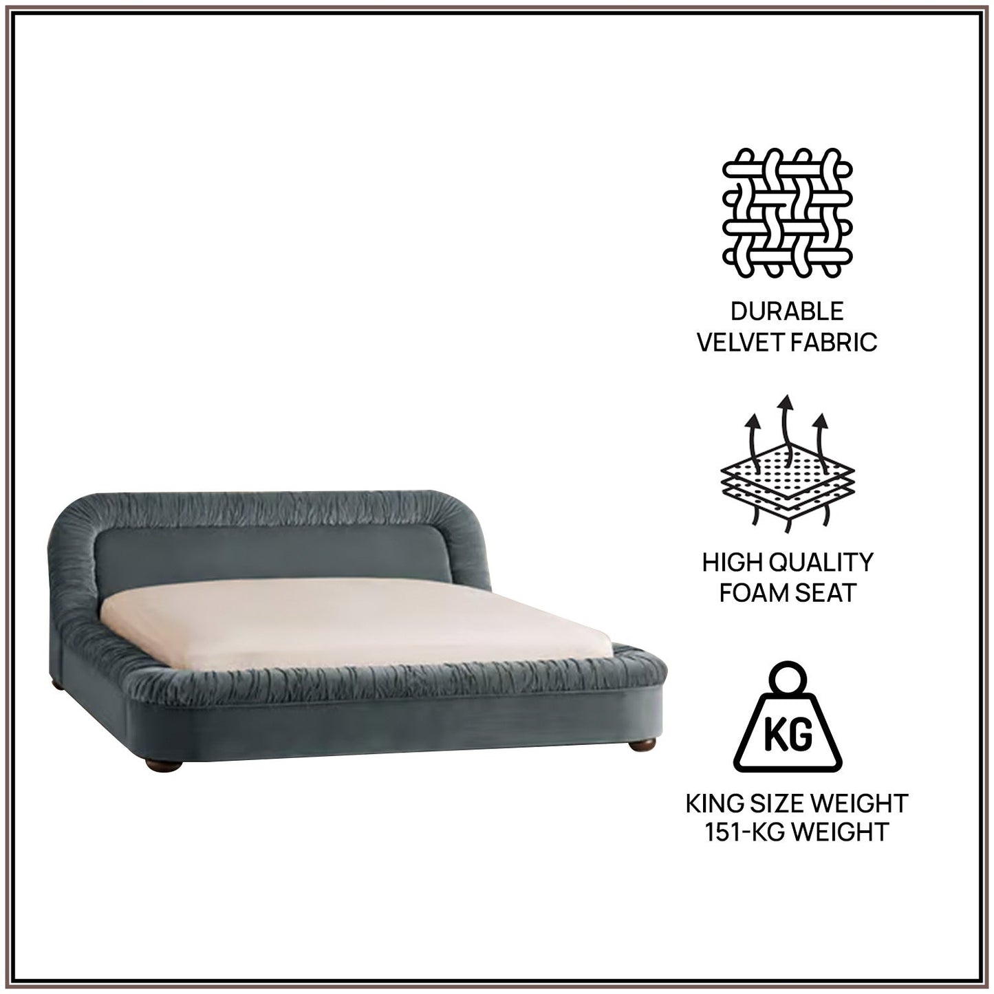 Casa Haven Relax King Size Bed in Grey Blue Velvet with Engineered Hardwood Frame & Hydraulic Storage