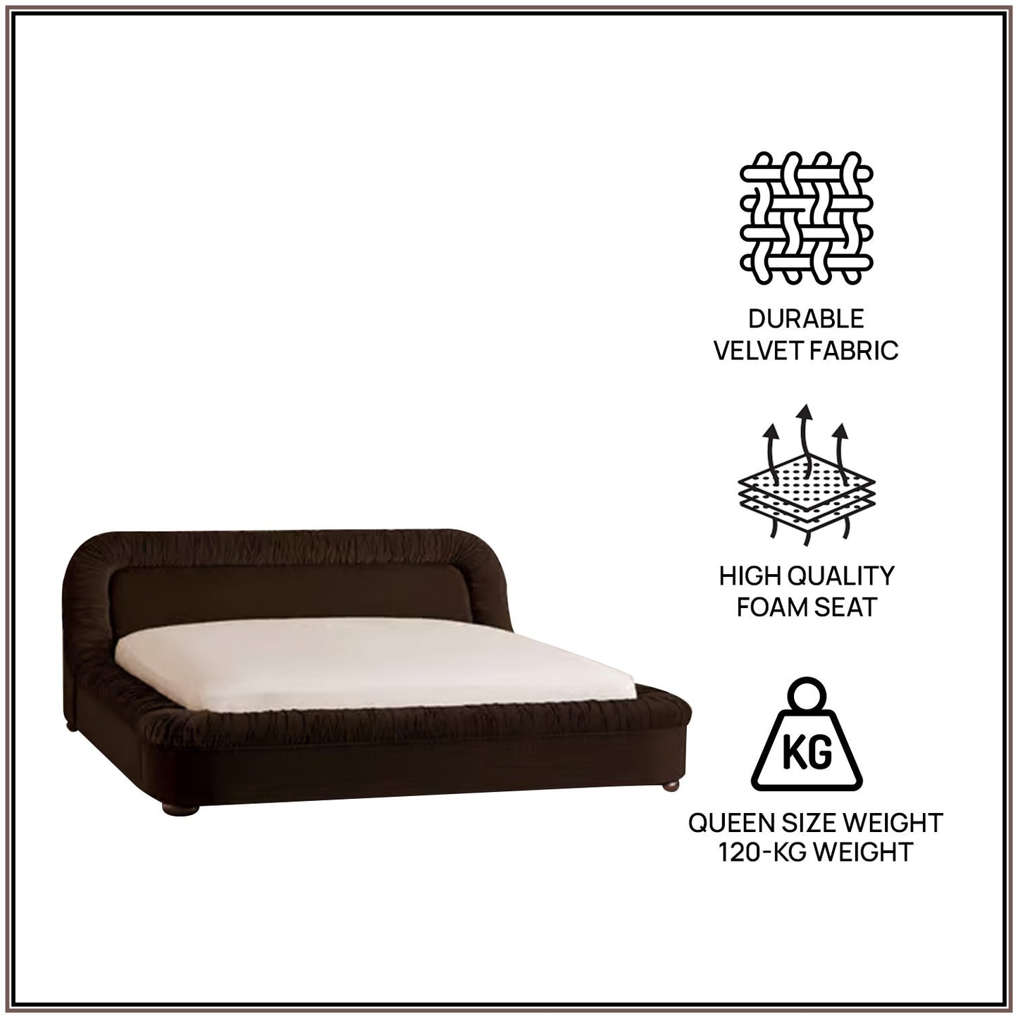 Casa Haven Relax Queen Size Bed in Chocolate Velvet with Engineered Hardwood Frame & Hydraulic Storage