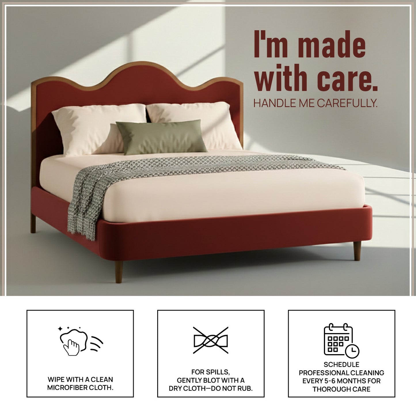 Solara Wave Luxe King Size Bed in Rust Velvet with Oak wood Frame & Hydraulic Storage