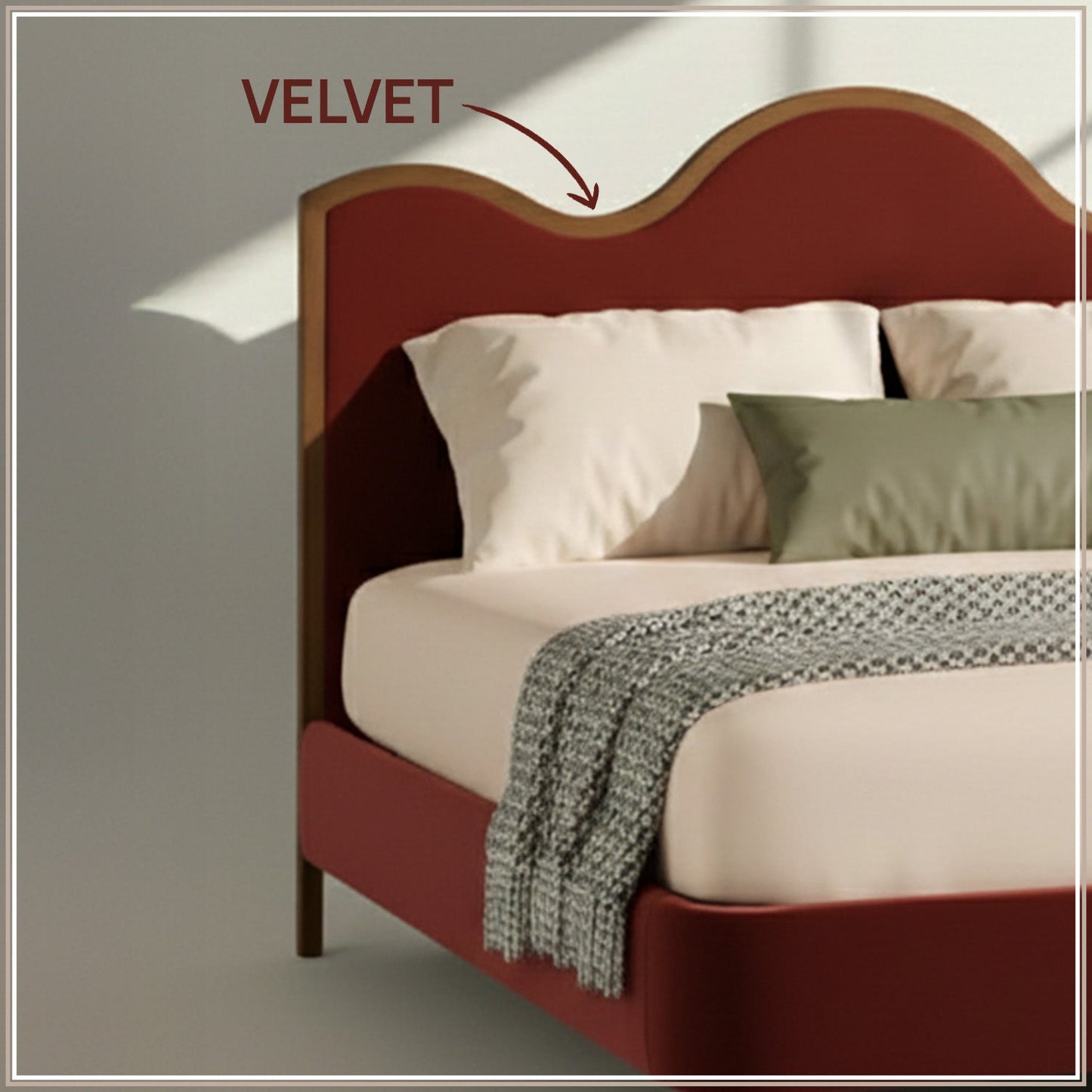 Solara Wave Luxe Queen Size Bed in Rust Velvet with Oak wood Frame & Hydraulic Storage