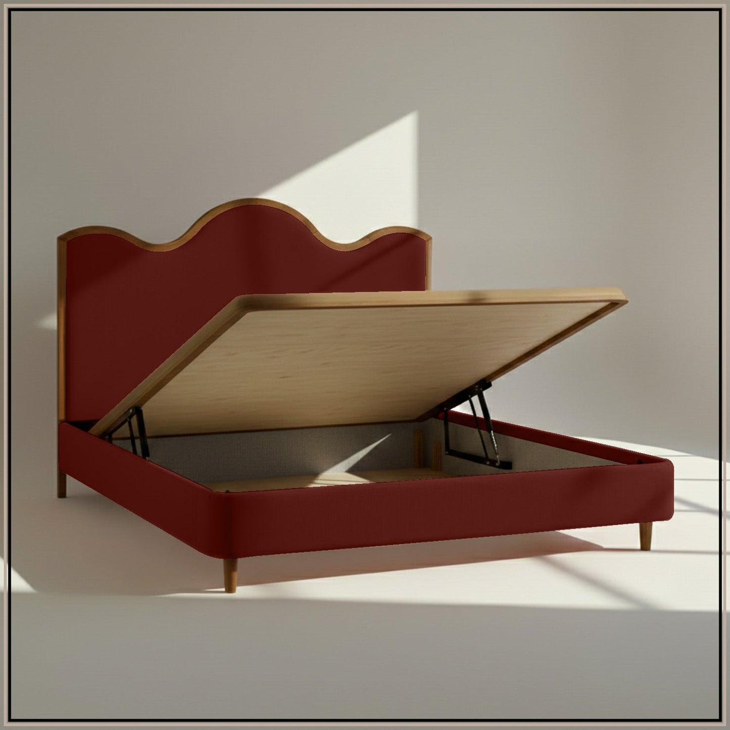 Solara Wave Luxe Queen Size Bed in Rust Velvet with Oak wood Frame & Hydraulic Storage
