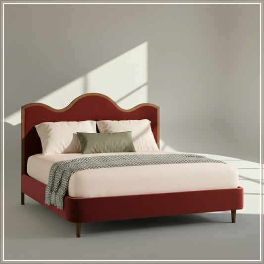 Solara Wave Luxe Queen Size Bed in Rust Velvet with Oak wood Frame & Hydraulic Storage