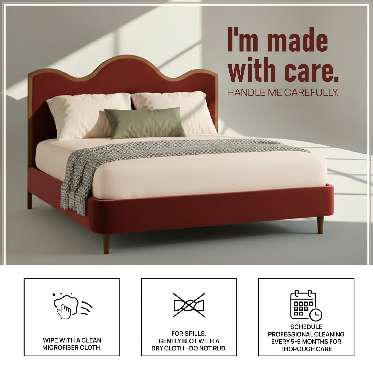 Solara Wave Luxe Queen Size Bed in Rust Velvet with Oak wood Frame & Hydraulic Storage