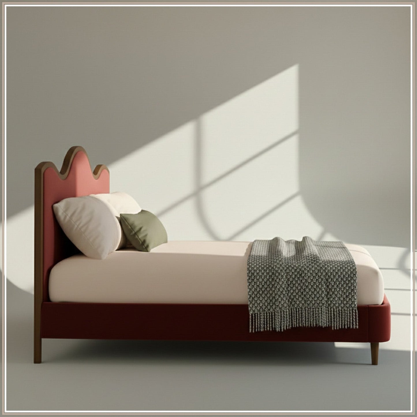 Solara Wave Luxe King Size Bed in Rust Velvet with Oak wood Frame & Hydraulic Storage