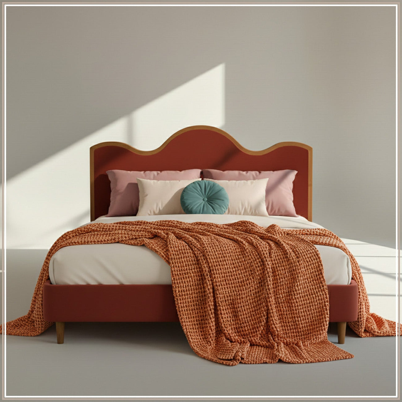 Solara Wave Luxe King Size Bed in Rust Velvet with Oak wood Frame & Hydraulic Storage