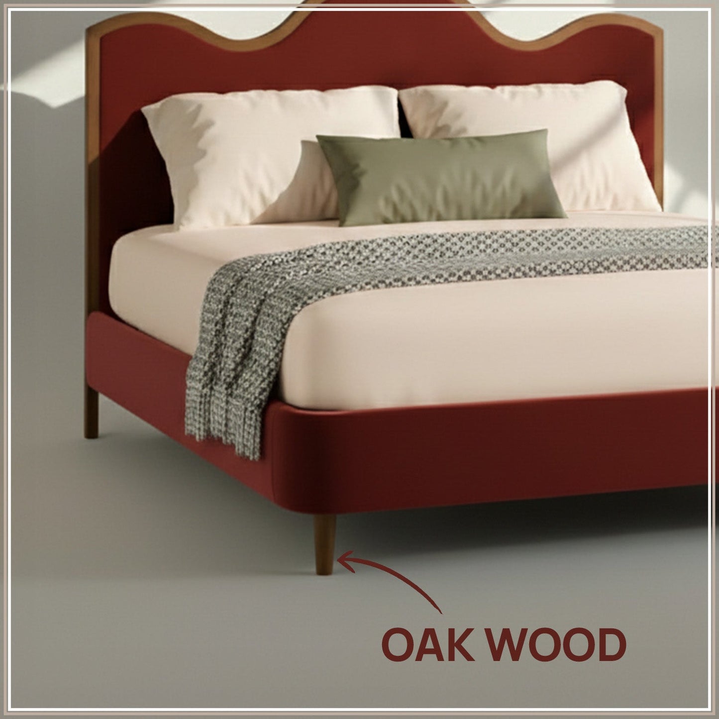 Solara Wave Luxe King Size Bed in Rust Velvet with Oak wood Frame & Hydraulic Storage