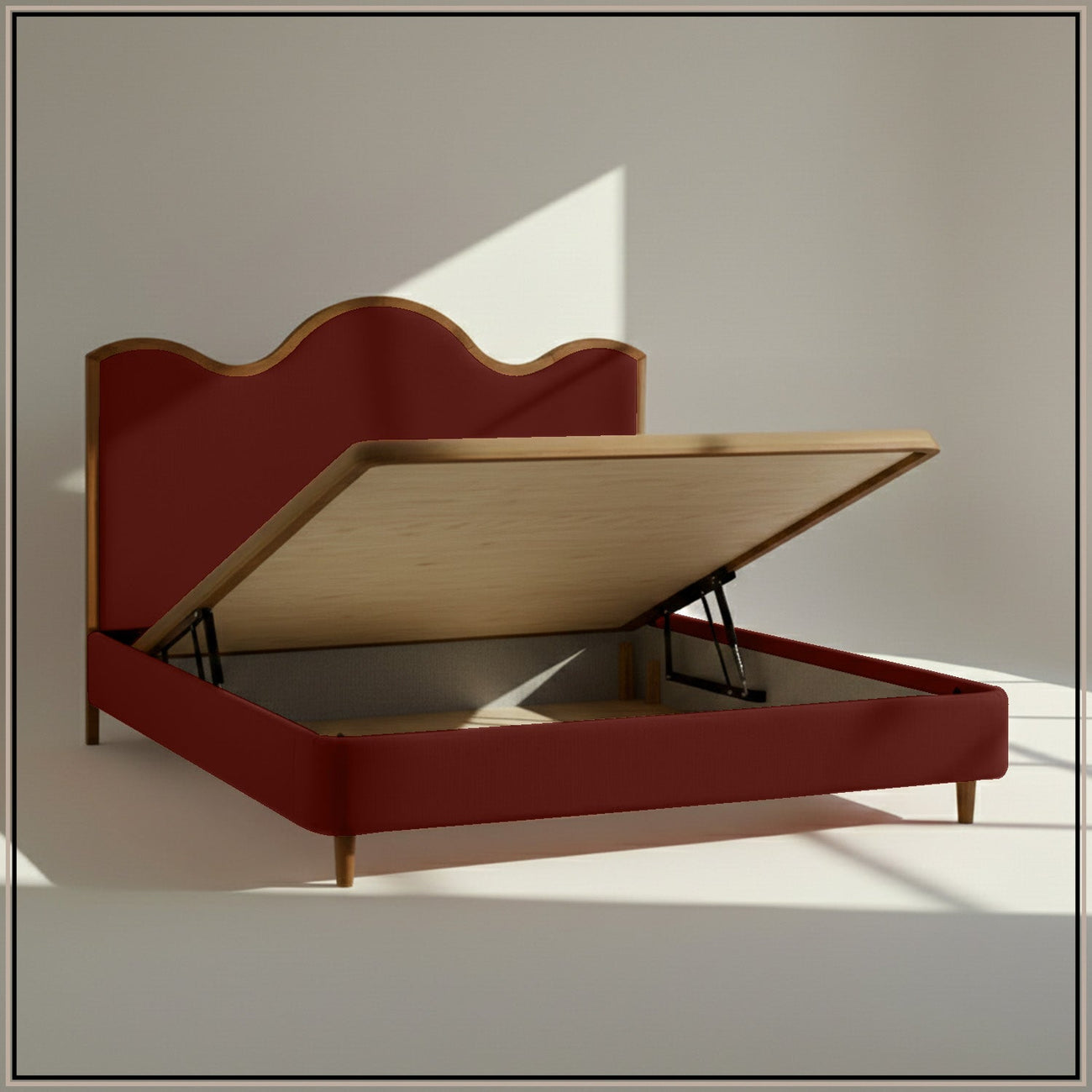 Solara Wave Luxe King Size Bed in Rust Velvet with Oak wood Frame & Hydraulic Storage