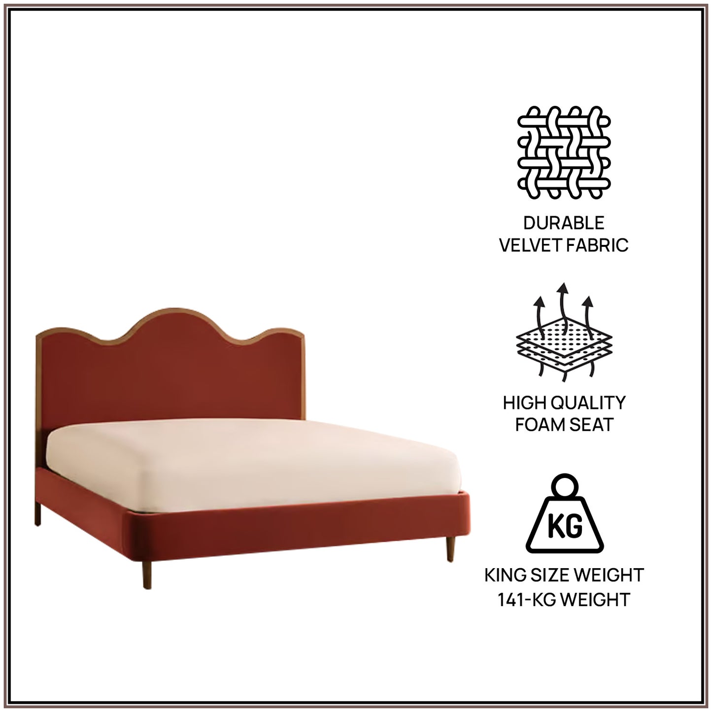 Solara Wave Luxe King Size Bed in Rust Velvet with Oak wood Frame & Hydraulic Storage