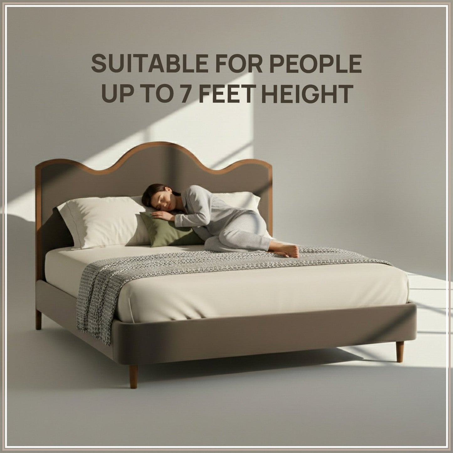 Solara Wave Luxe Queen Size Bed in Taupe Velvet with Oak wood Frame & Hydraulic Storage