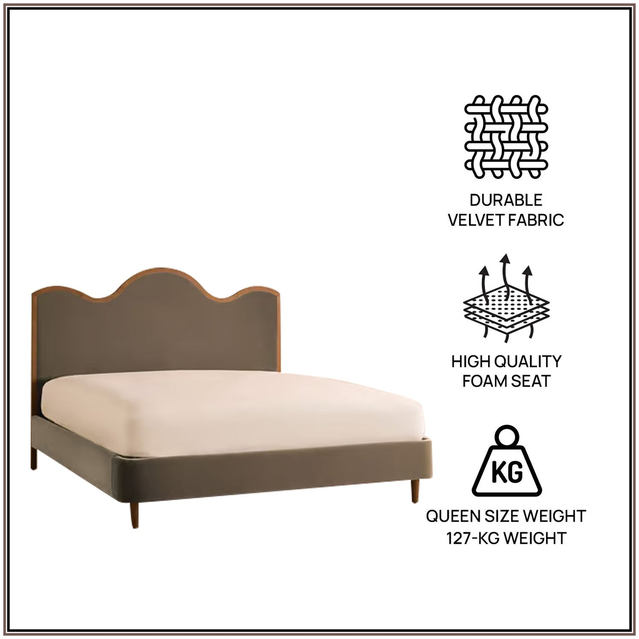 Solara Wave Luxe Queen Size Bed in Taupe Velvet with Oak wood Frame & Hydraulic Storage