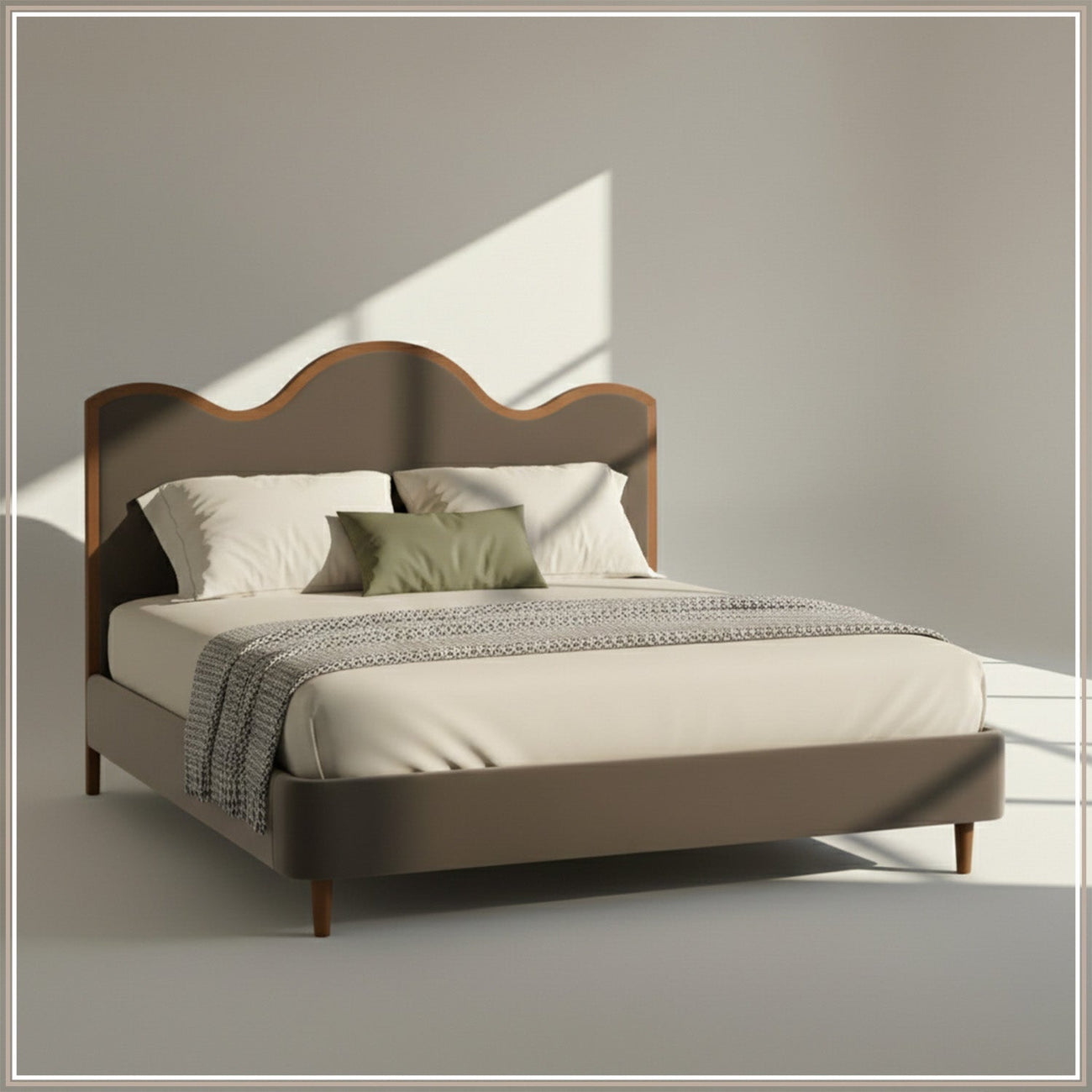 Solara Wave Luxe Queen Size Bed in Taupe Velvet with Oak wood Frame & Hydraulic Storage
