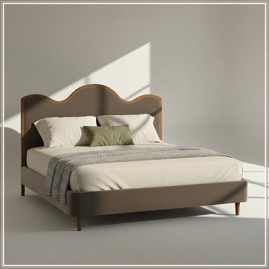 Solara Wave Luxe Queen Size Bed in Taupe Velvet with Oak wood Frame & Hydraulic Storage