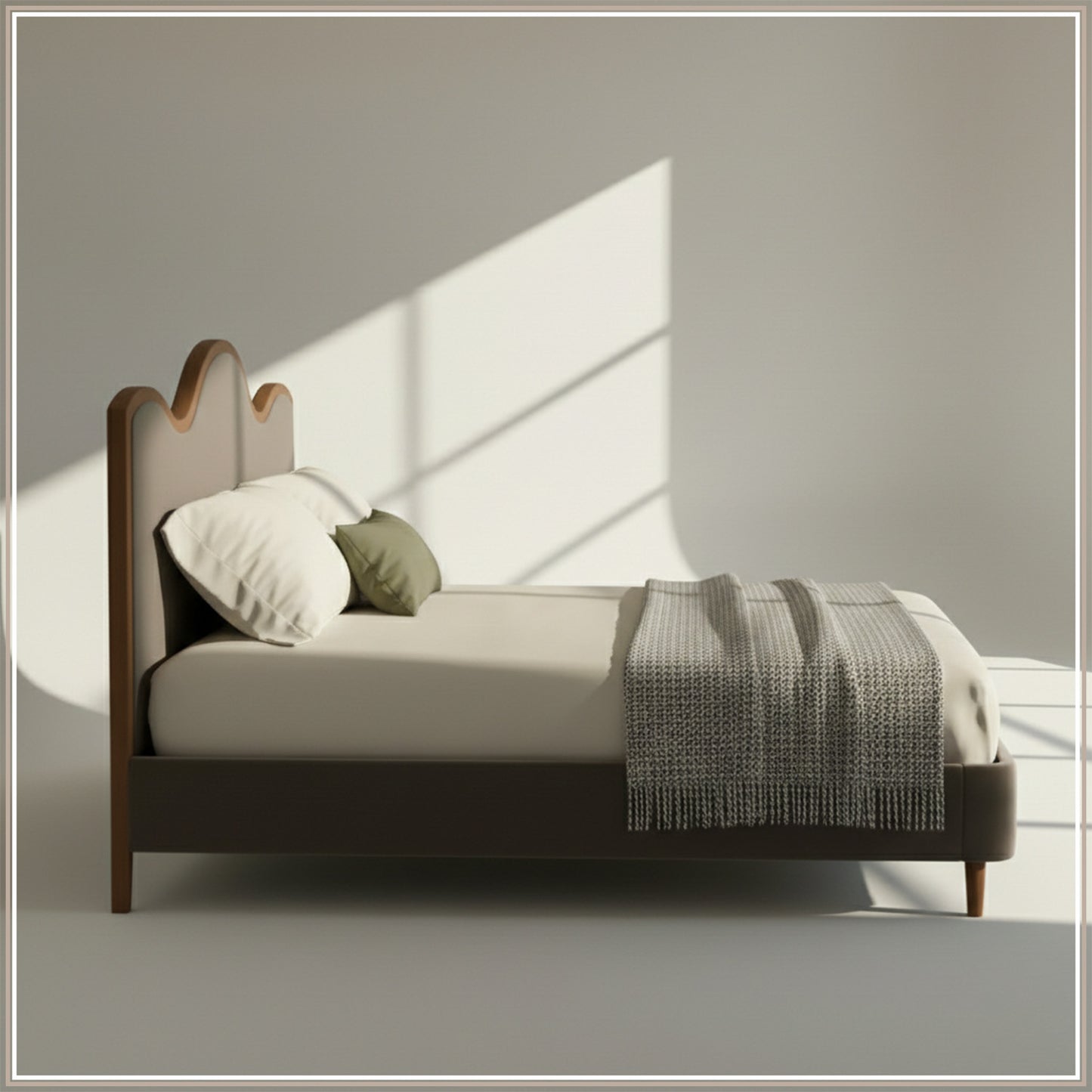Solara Wave Luxe King Size Bed in Taupe Velvet with Oak wood Frame & Hydraulic Storage