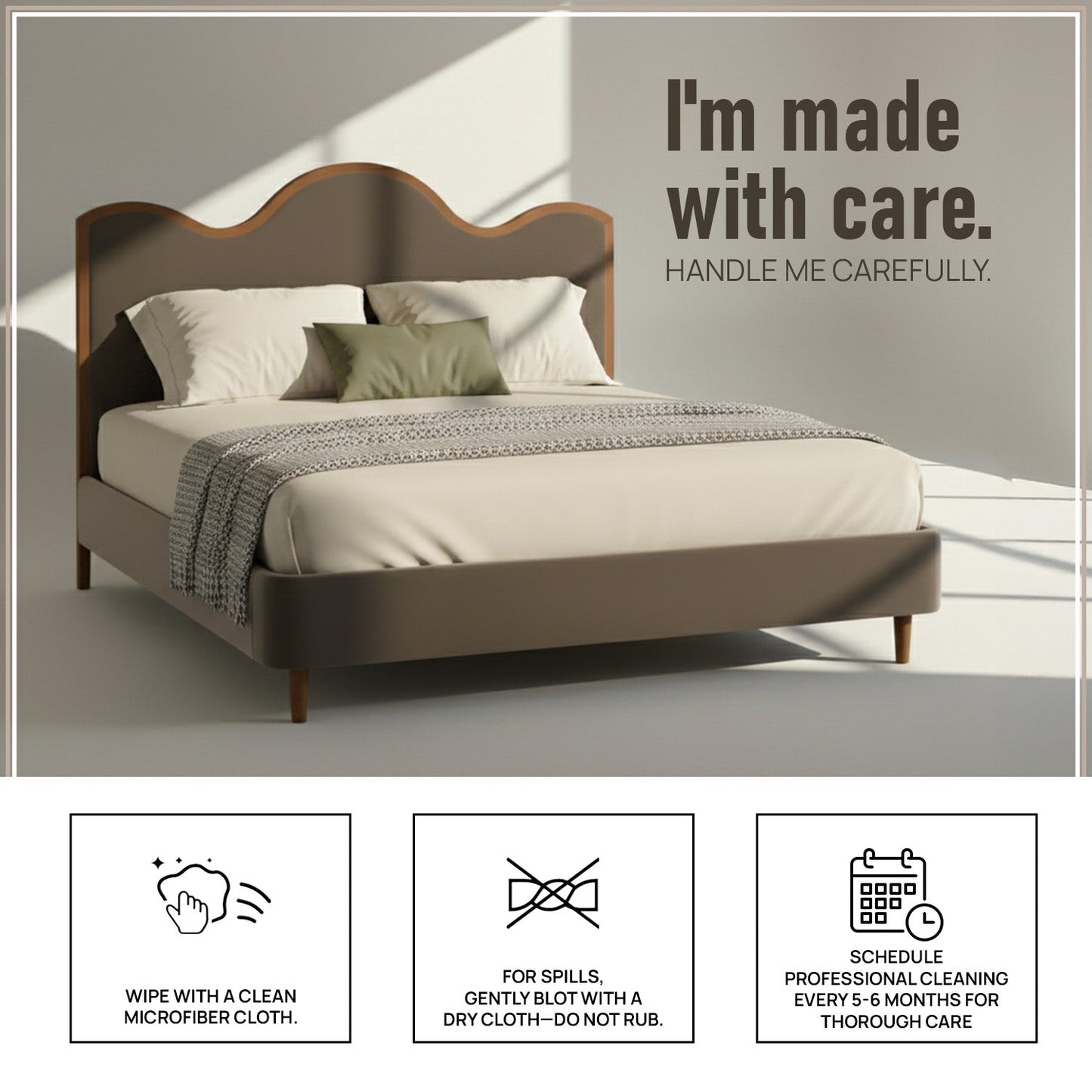 Solara Wave Luxe Queen Size Bed in Taupe Velvet with Oak wood Frame & Hydraulic Storage
