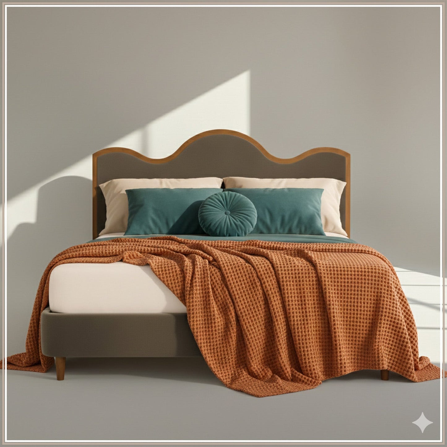 Solara Wave Luxe King Size Bed in Taupe Velvet with Oak wood Frame & Hydraulic Storage