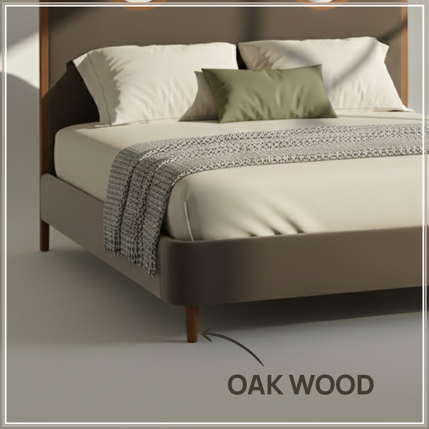 Solara Wave Luxe King Size Bed in Taupe Velvet with Oak wood Frame & Hydraulic Storage