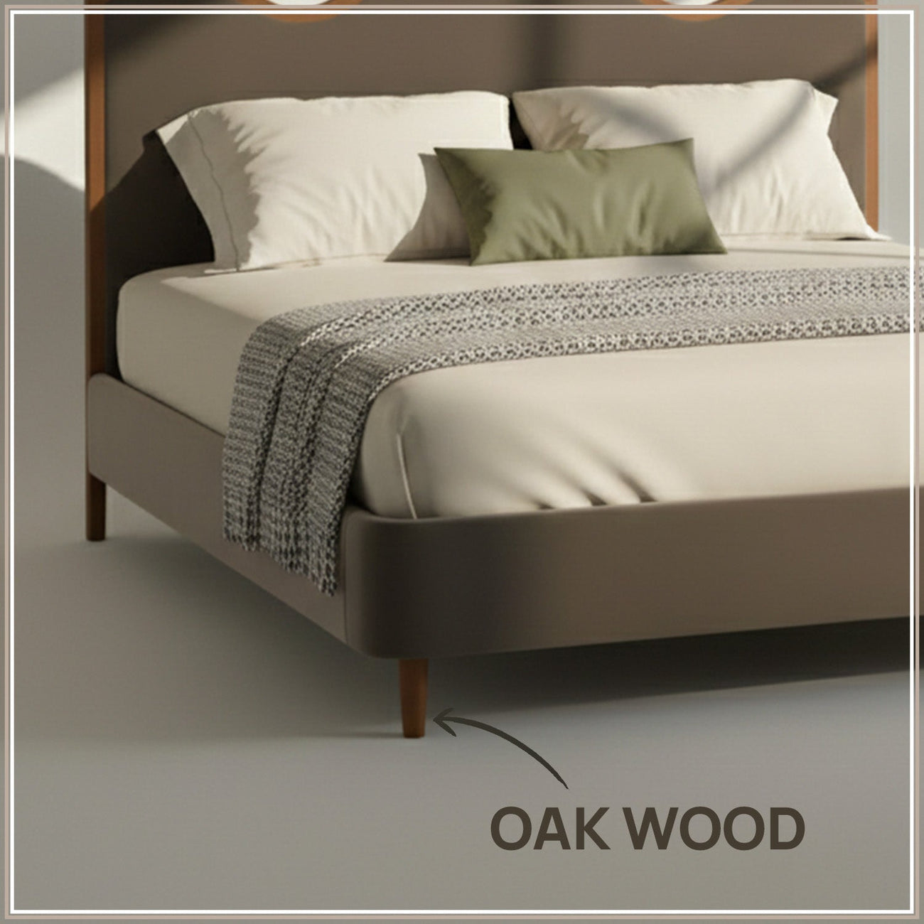 Solara Wave Luxe King Size Bed in Taupe Velvet with Oak wood Frame & Hydraulic Storage