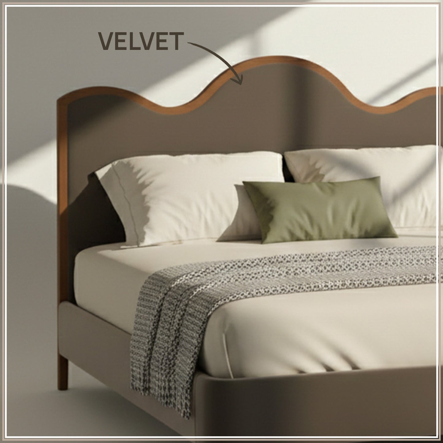 Solara Wave Luxe King Size Bed in Taupe Velvet with Oak wood Frame & Hydraulic Storage