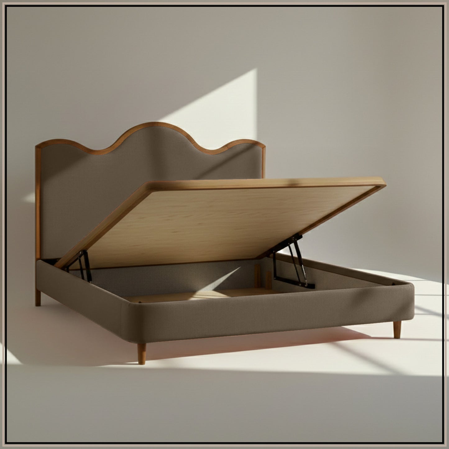 Solara Wave Luxe King Size Bed in Taupe Velvet with Oak wood Frame & Hydraulic Storage