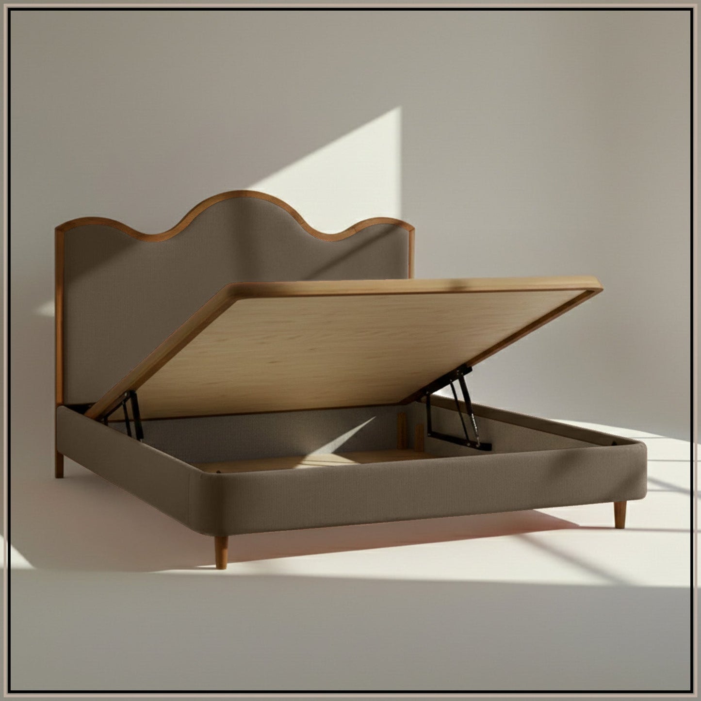 Solara Wave Luxe King Size Bed in Taupe Velvet with Oak wood Frame & Hydraulic Storage