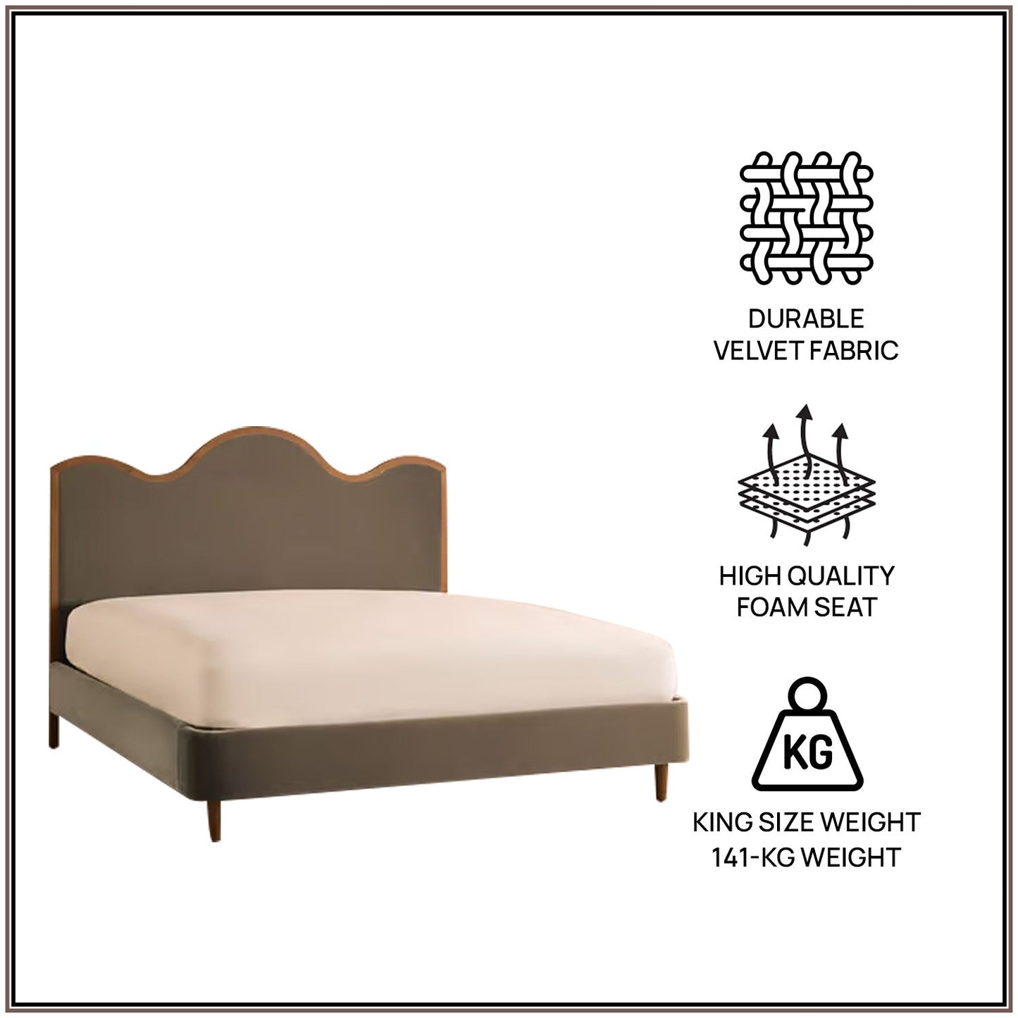 Solara Wave Luxe King Size Bed in Taupe Velvet with Oak wood Frame & Hydraulic Storage