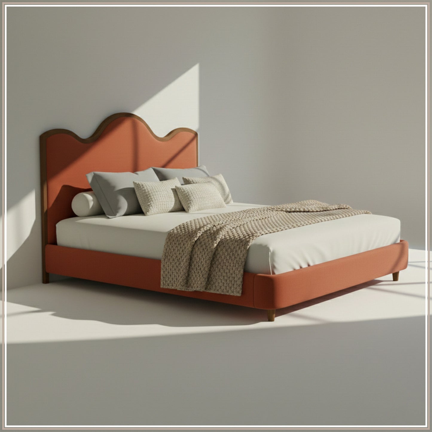 Solara Wave Luxe Queen Size Bed in Antique Rose Velvet with Oak wood Frame & Hydraulic Storage