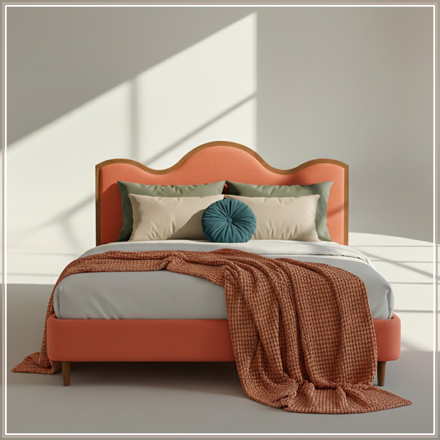 Solara Wave Luxe Queen Size Bed in Antique Rose Velvet with Oak wood Frame & Hydraulic Storage