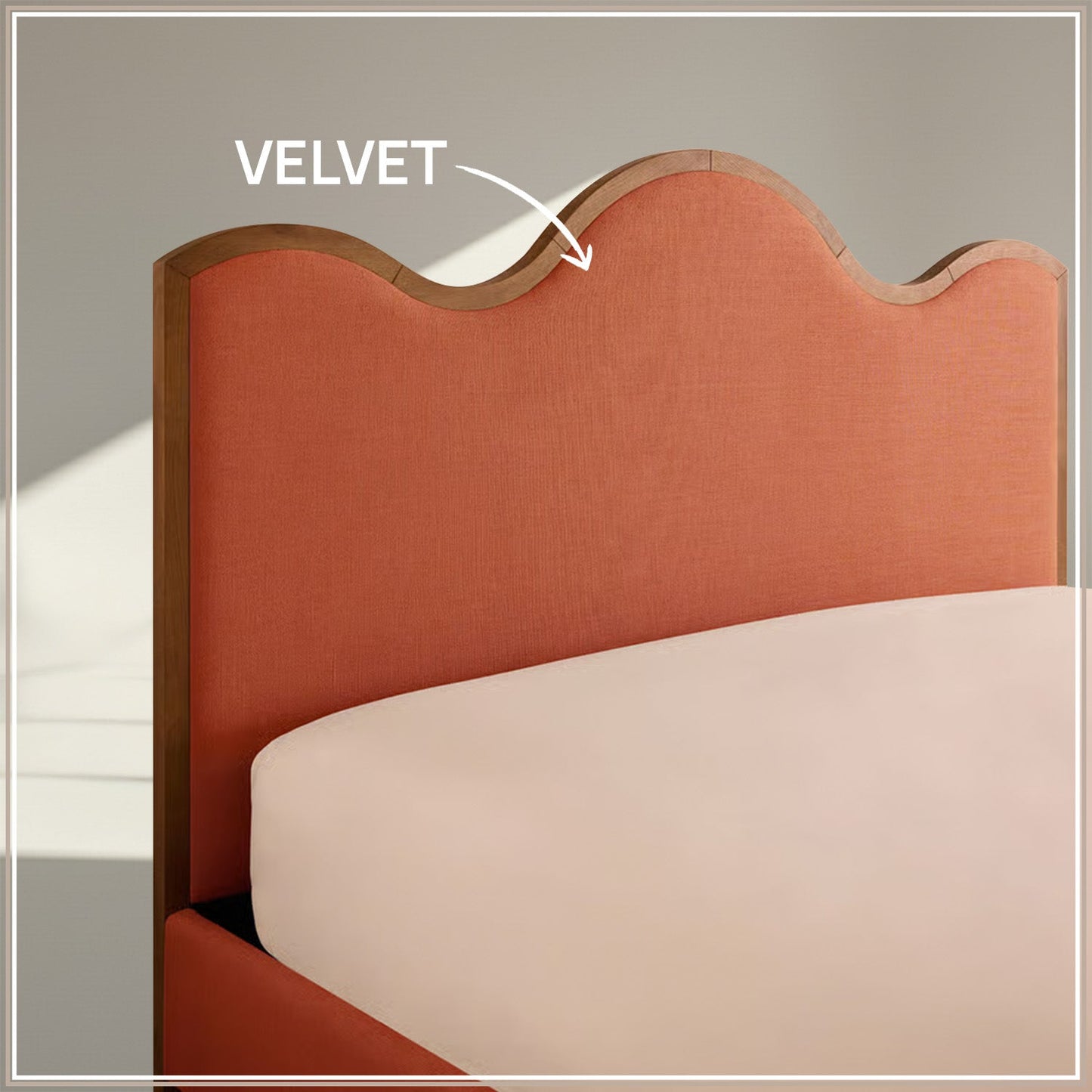 Solara Wave Luxe Queen Size Bed in Antique Rose Velvet with Oak wood Frame & Hydraulic Storage