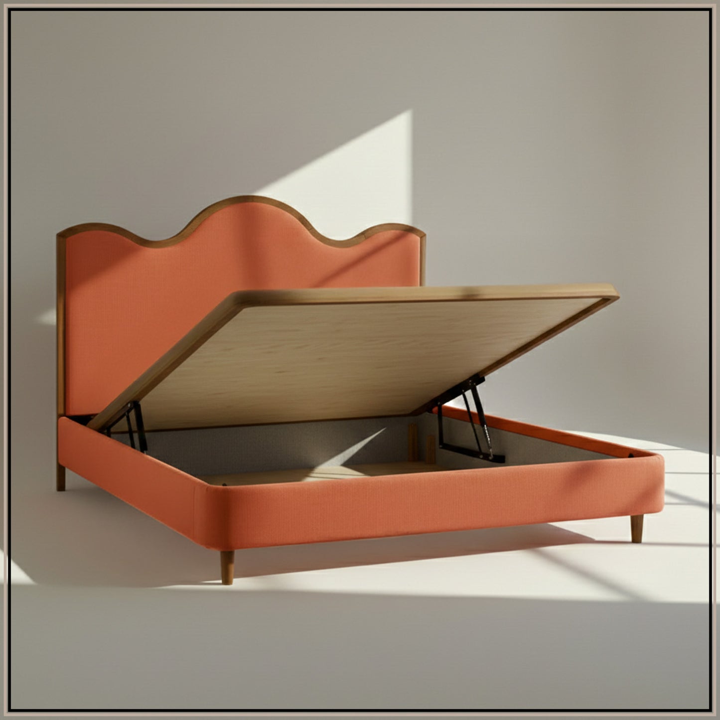 Solara Wave Luxe Queen Size Bed in Antique Rose Velvet with Oak wood Frame & Hydraulic Storage