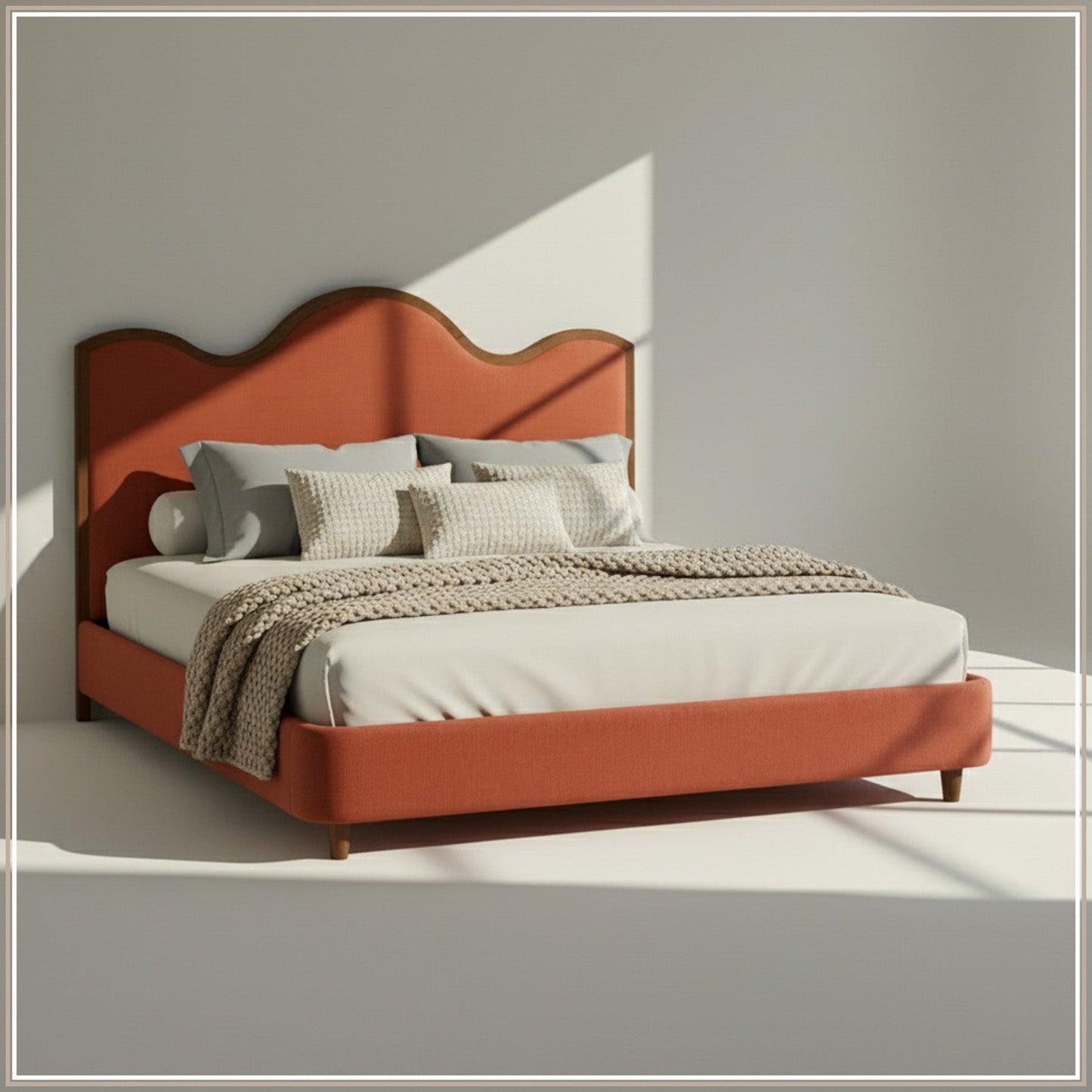 Solara Wave Luxe Queen Size Bed in Antique Rose Velvet with Oak wood Frame & Hydraulic Storage