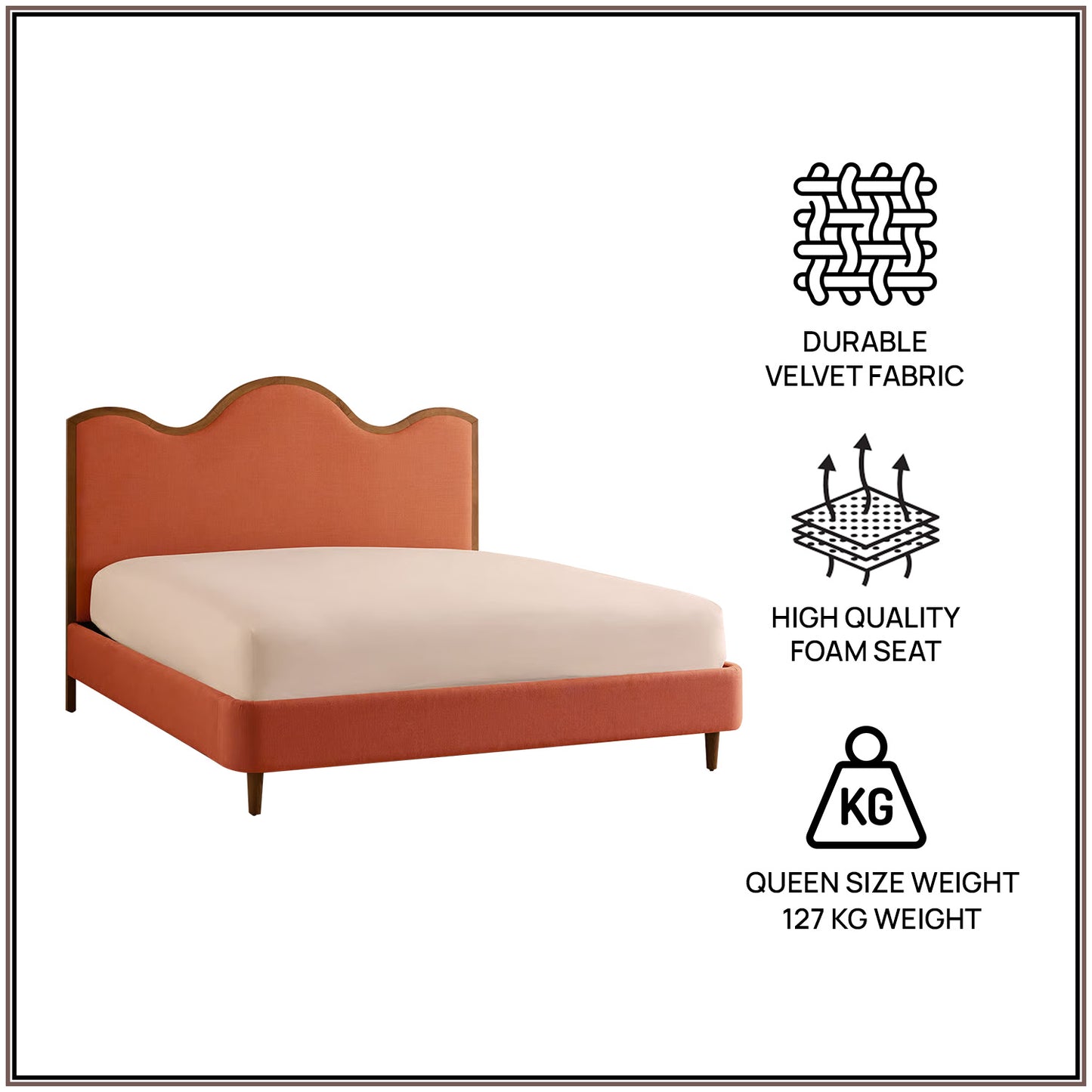 Solara Wave Luxe Queen Size Bed in Antique Rose Velvet with Oak wood Frame & Hydraulic Storage