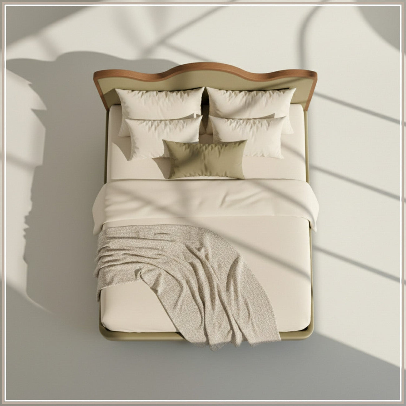 Solara Wave Luxe Queen Size Bed in Lichen Velvet with Oak wood Frame & Hydraulic Storage