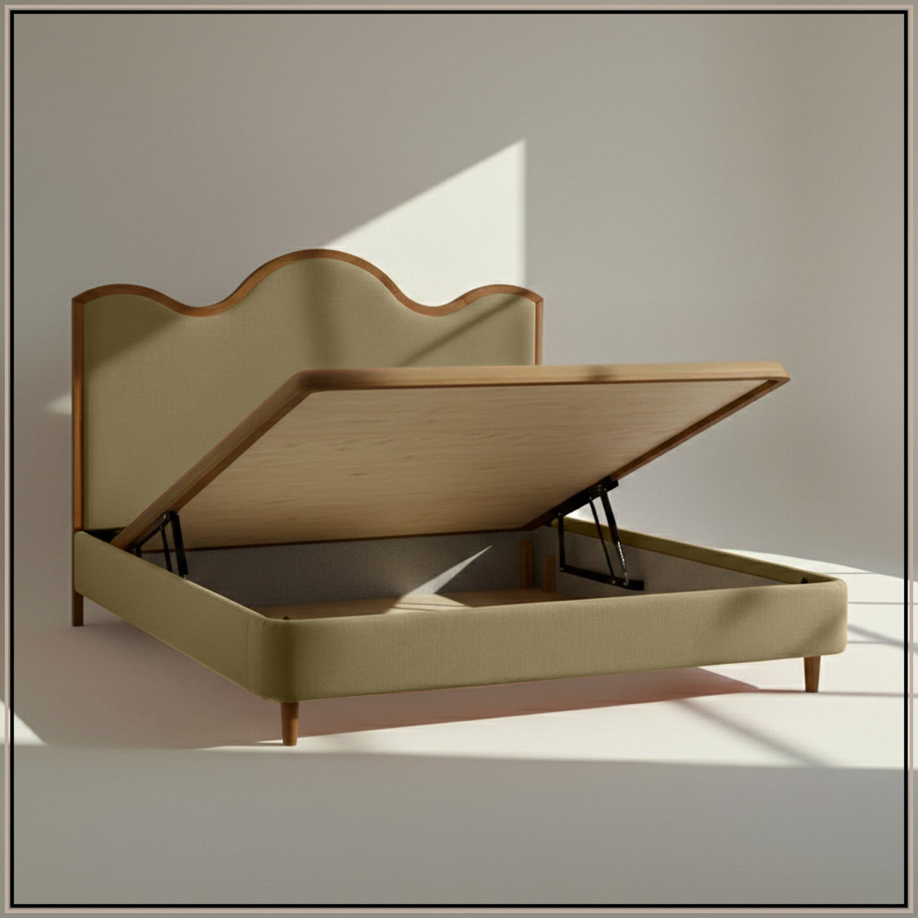 Solara Wave Luxe Queen Size Bed in Lichen Velvet with Oak wood Frame & Hydraulic Storage