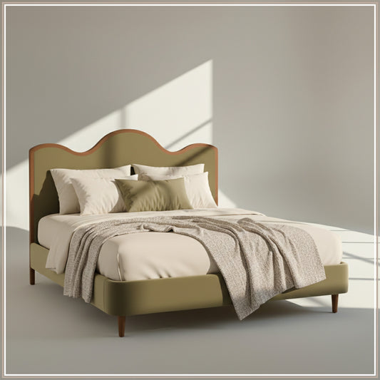Solara Wave Luxe Queen Size Bed in Lichen Velvet with Oak wood Frame & Hydraulic Storage