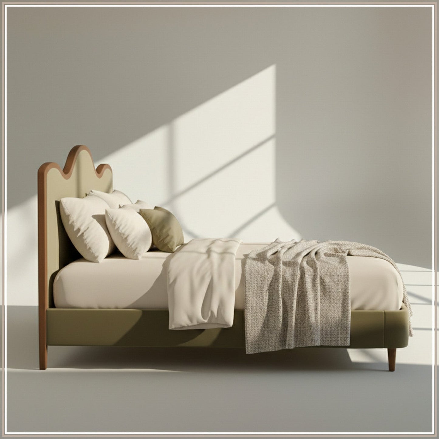 Solara Wave Luxe King Size Bed in Lichen Velvet with Oak wood Frame & Hydraulic Storage