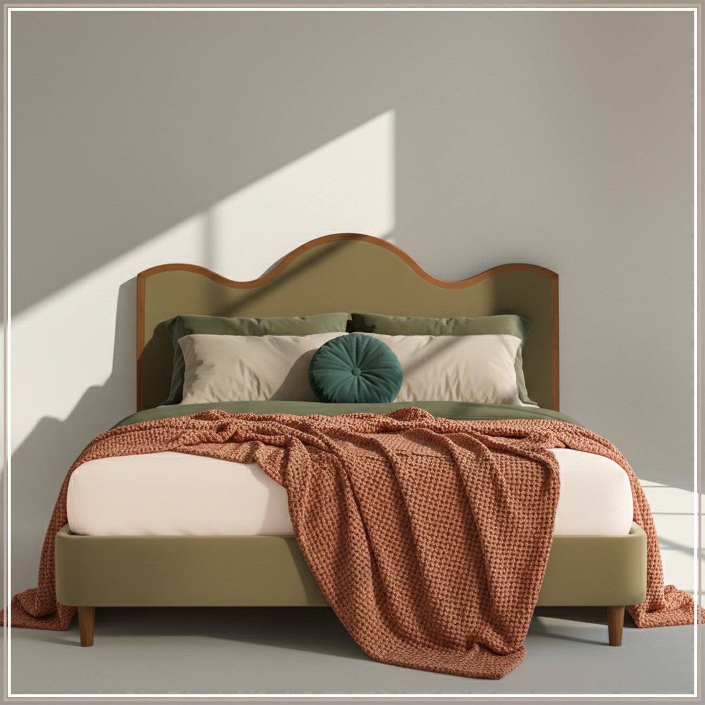 Solara Wave Luxe King Size Bed in Lichen Velvet with Oak wood Frame & Hydraulic Storage