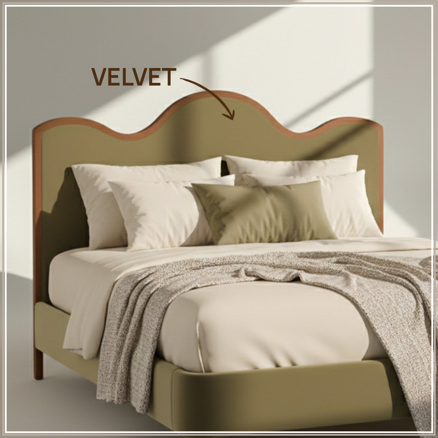 Solara Wave Luxe King Size Bed in Lichen Velvet with Oak wood Frame & Hydraulic Storage