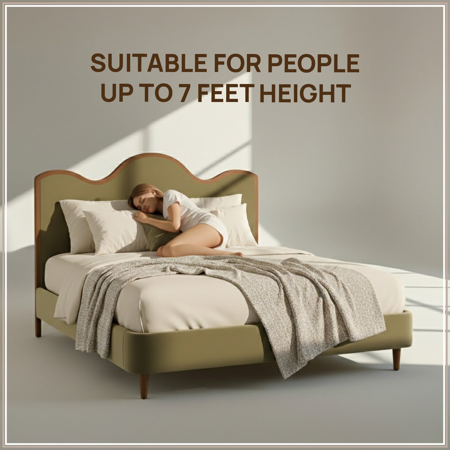 Solara Wave Luxe King Size Bed in Lichen Velvet with Oak wood Frame & Hydraulic Storage