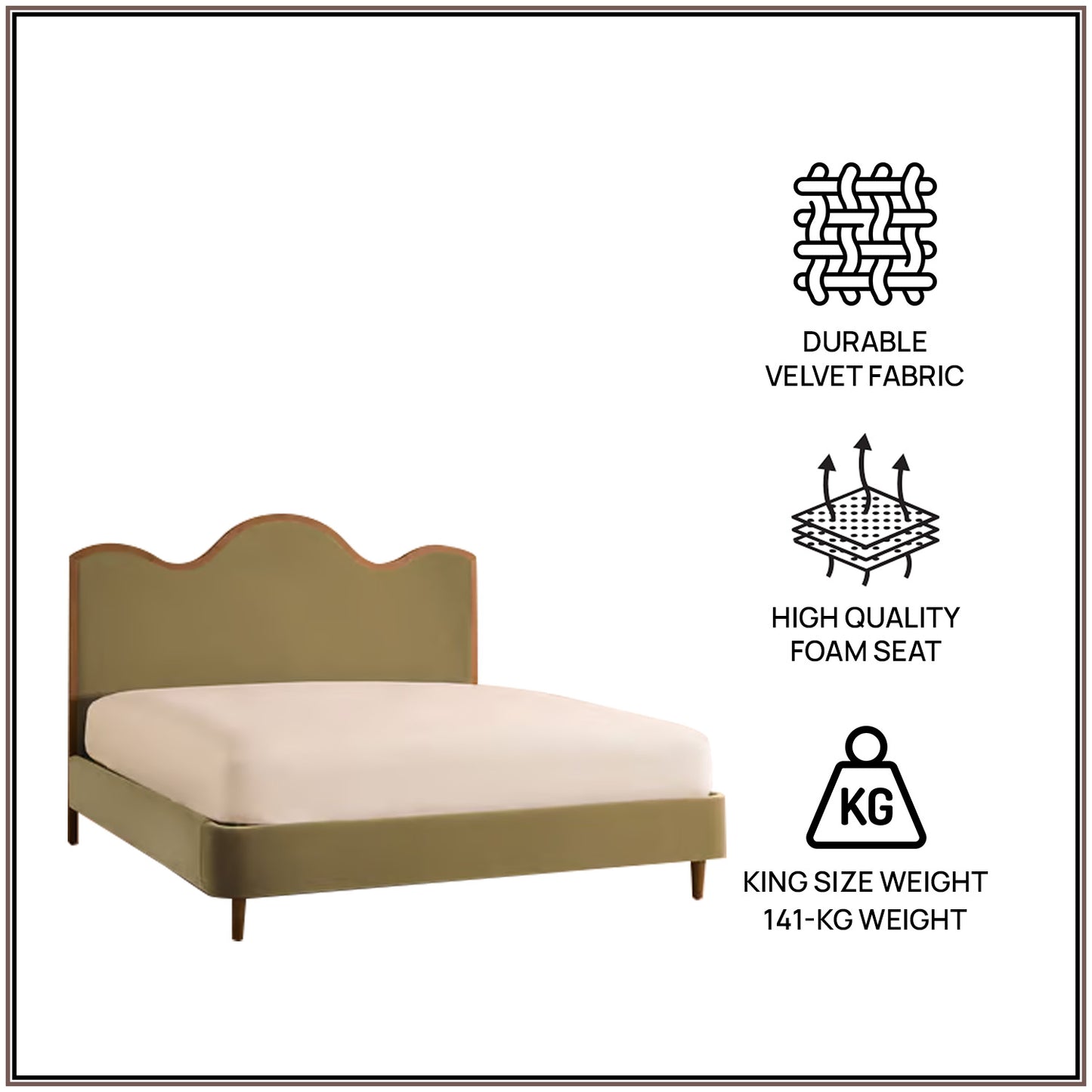 Solara Wave Luxe King Size Bed in Lichen Velvet with Oak wood Frame & Hydraulic Storage