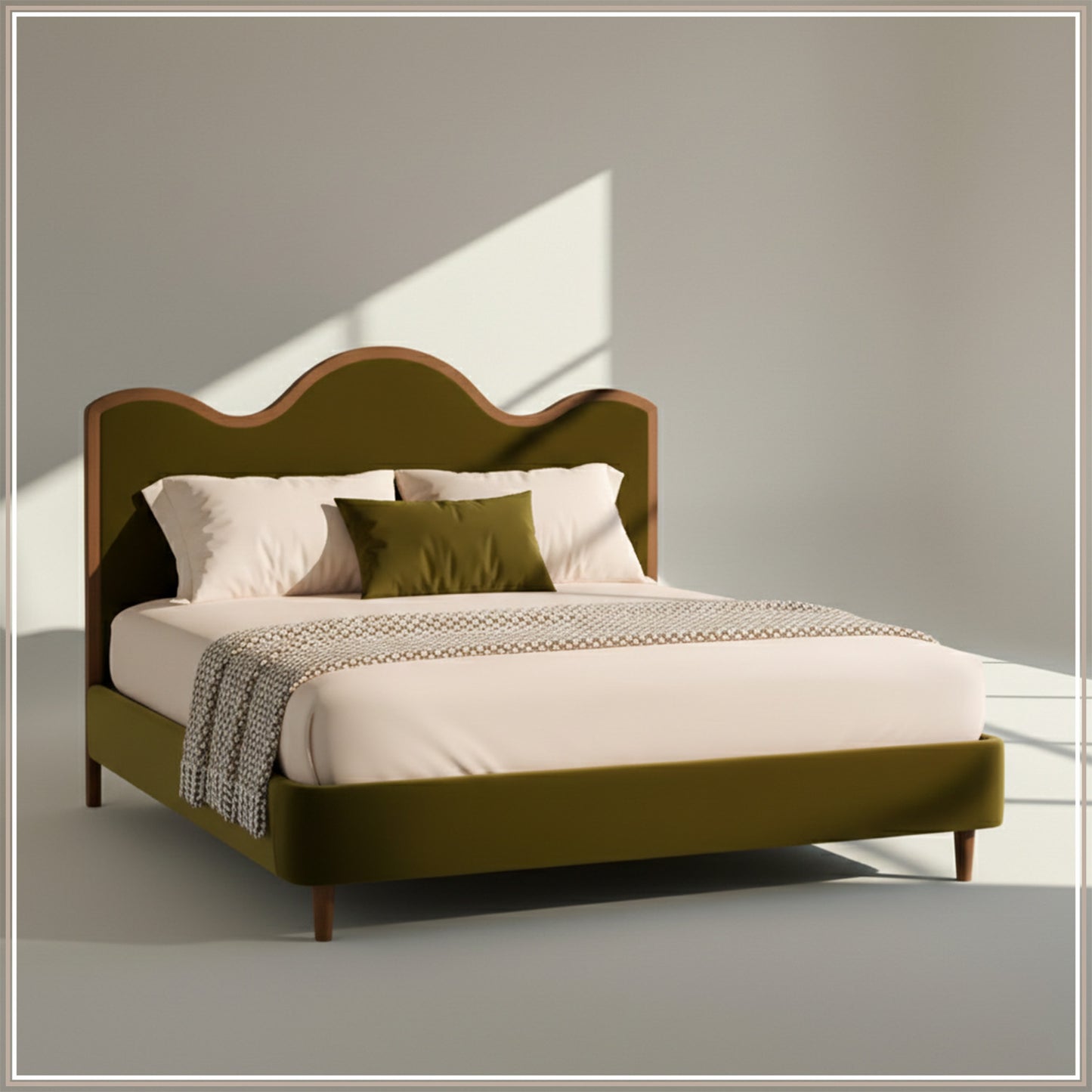 Solara Wave Luxe King Size Bed in Olive Velvet with Oak wood Frame & Hydraulic Storage